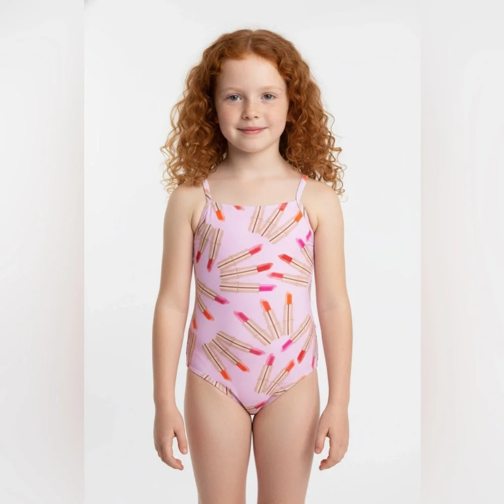 Submarine Pink Lipstick Pattern One Piece Girls Swimsuit 6 Fits 4/5 Yr Old NWT‎